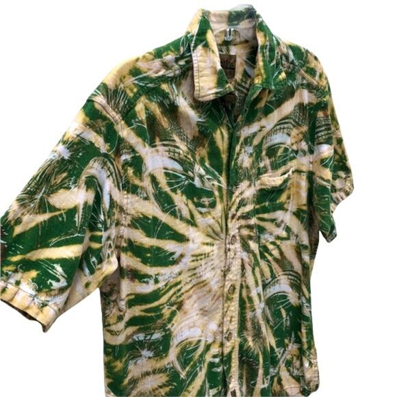 Flyshacker Sailfish Green Tan Acid Tie Dye Short Sleeve Button Shirt Mens Large - Picture 2 of 10